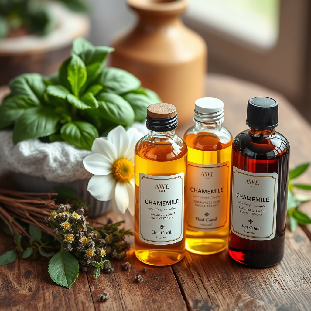 An engaging visual featuring fresh herbs like basil, mint, and chamomile placed next to high-quality oils ready for massage therapy. The scene is set on a rustic wooden table, with soft, diffused natural light highlighting the textures of the herbs and the elegance of the oils in beautifully crafted bottles. The surrounding environment is calming, suggesting relaxation and healing. Style references lean toward naturalistic and organic wellness imagery.