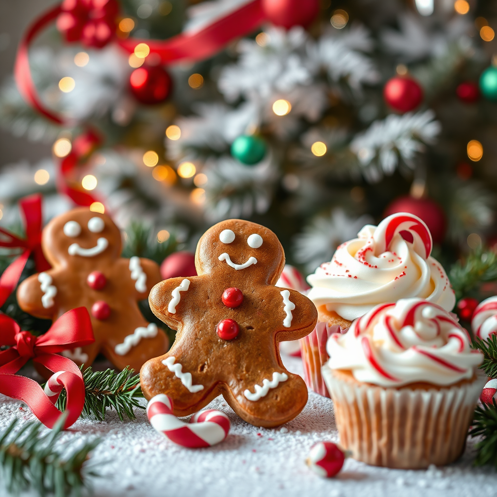 An enticing image showing a close-up of beautifully decorated Christmas pastries, like gingerbread men and peppermint cupcakes. The setting highlights festive items like ribbons, ornaments, and pine branches that complement the holiday theme. Each pastry exhibits intricate icing, conveying meticulous craftsmanship. With a blurred background of a sparkling Christmas tree, the focus remains crisp on the desserts. The soft lighting enhances the textures and vibrancy of the colors, making them look irresistible and festive. This image should be photorealistic and full of detail, ideal for highlighting holiday celebrations.