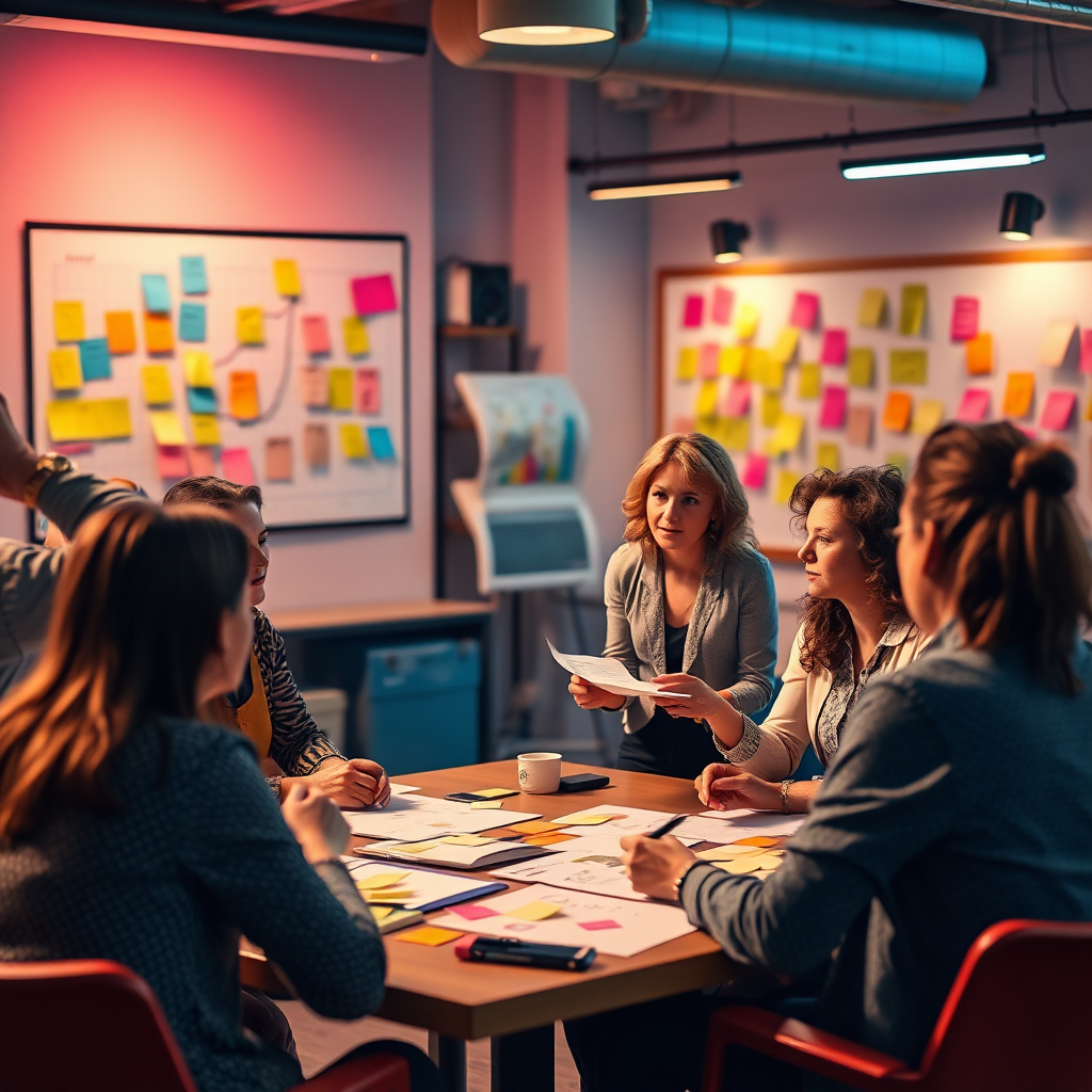 An evocative image of Nancy brainstorming strategies with a group of small business owners in a lively workshop setup. The atmosphere is energetic, with colorful sticky notes and charts scattered around. The lighting should feel dynamic and inspiring. The color palette should be vibrant, reflecting the enthusiasm of team collaboration. This engaging scene should be captured in high-quality detail to inspire potential clients.