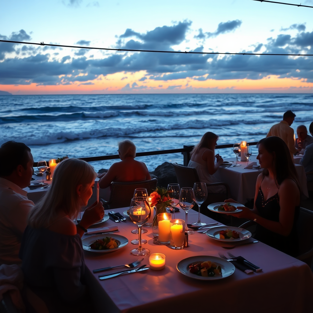 An exquisite setting at a seaside restaurant during twilight, with tables elegantly set and candles flickering. The ocean waves crash softly, and a stunning sunset adds to the ambiance. Guests are enjoying presentations of gourmet dishes that reflect local flavors. The image should communicate the joy of dining by the sea.