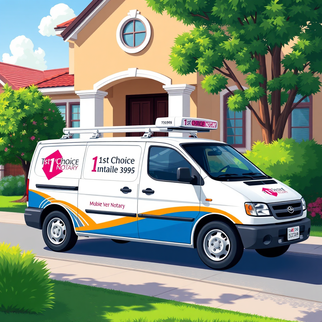 An illustrative image of a mobile notary service van parked outside a client's home. The van should be branded with 1st Choice Notary logos, showcasing its readiness for service. The setting should include a welcoming neighborhood with bright colors and positive vibes. Aim for a photorealistic style in high resolution.