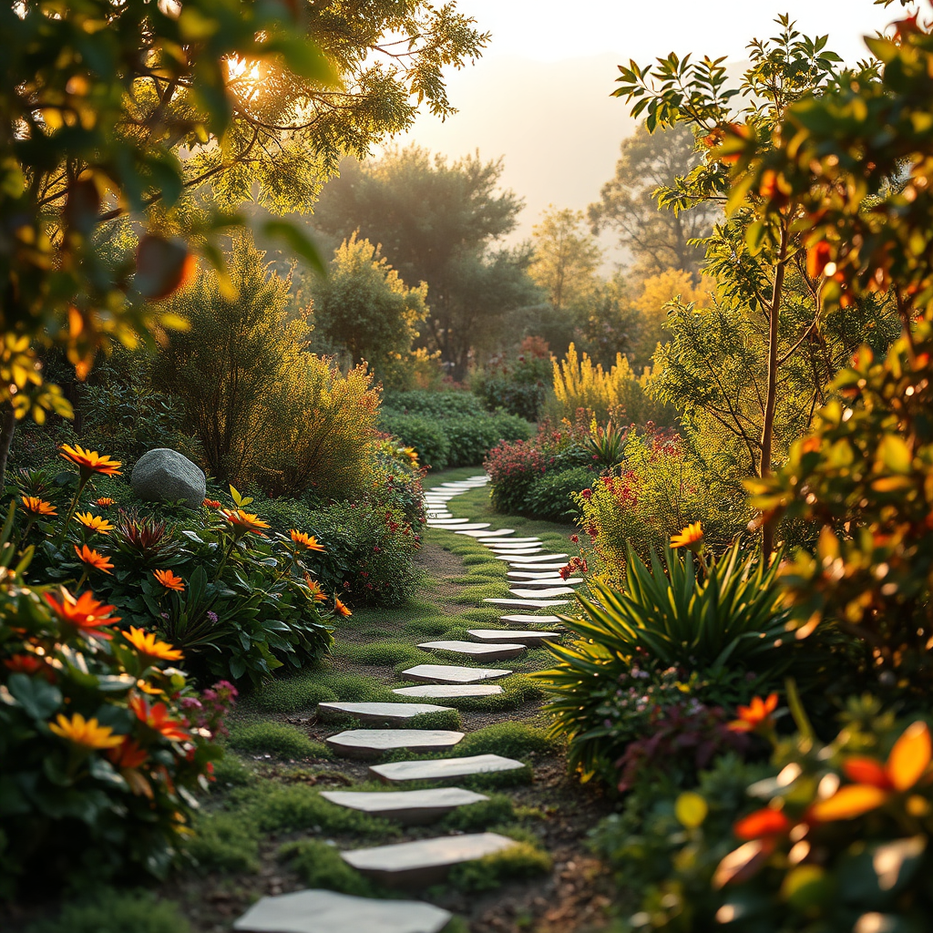 An image depicting a peaceful journey through nature, symbolizing a path to wellness. A winding trail among lush gardens serves as a metaphor for the healing journey one embarks on at Life Garden Spa. The imagery includes colorful botanical life, creating a rich, nourishing visual that's both eye-catching and serene. Warm lighting bathes the scene in a soft glow, enhancing the sense of tranquility. Style references include nature-centered wellness photography. Technical specs: 4K resolution, high quality.