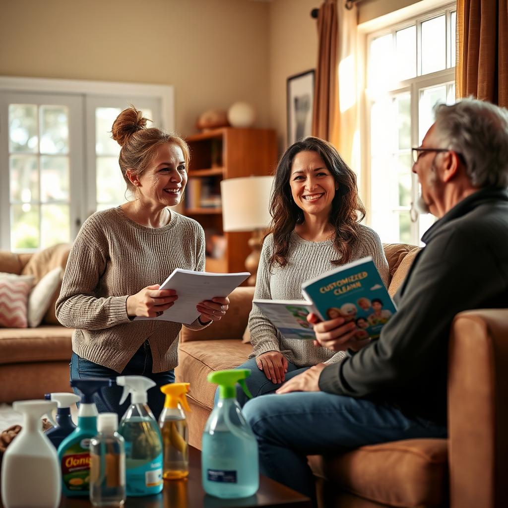 An image depicting Leticia discussing cleaning options with a satisfied client in a cozy living room. The atmosphere is warm, with plenty of natural light. Props like cleaning supplies and brochures create context, presenting her services effectively. The composition captures the interaction emphasizing customized care and attention. The photo should have a friendly vibe and high realism.
