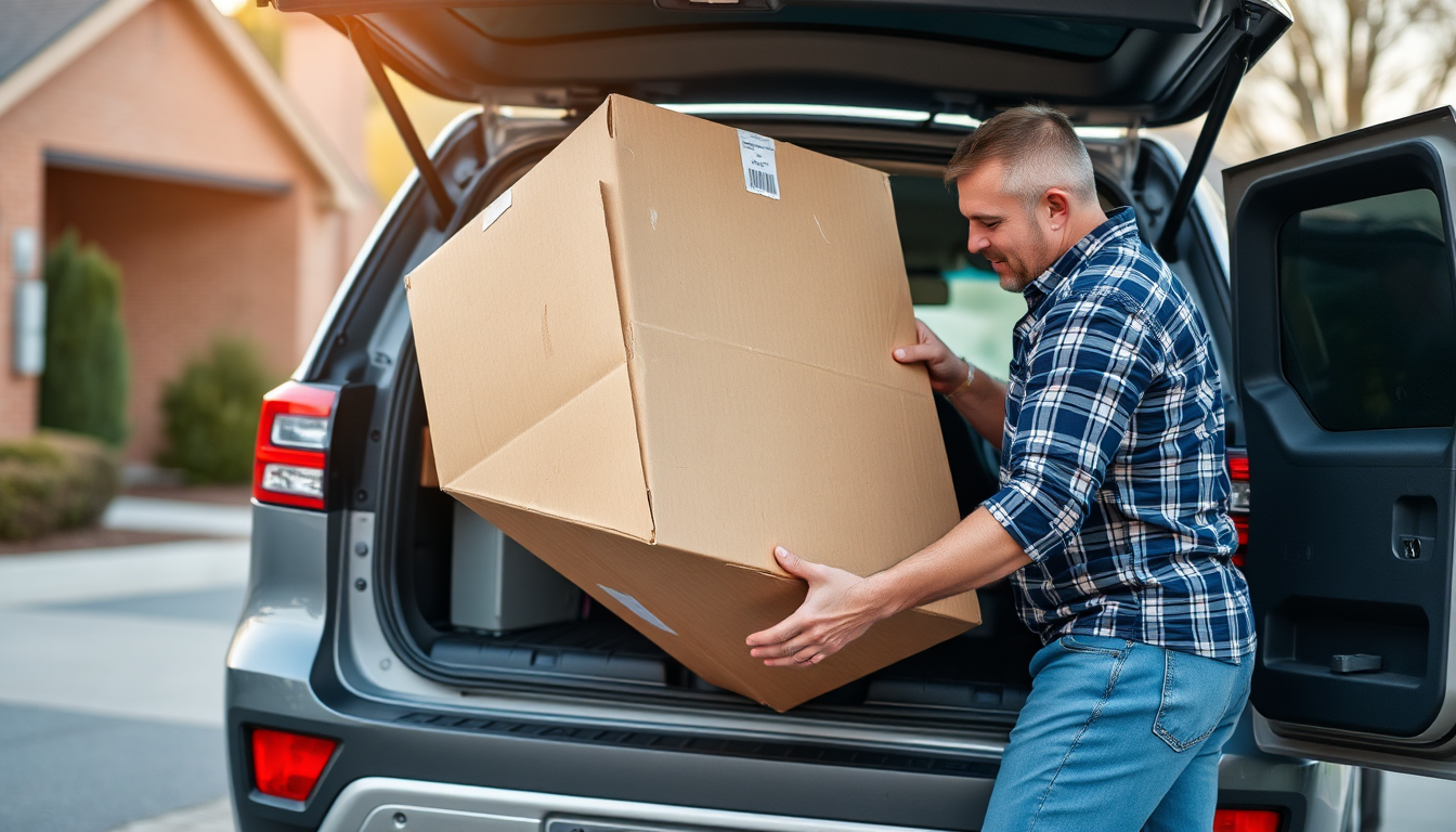 A close-up image of Justin securing a large furniture piece inside his SUV. The image highlights the SUV's interior space, complemented by tools and packing materials. The soft afternoon light streams in, creating a sense of clarity. The overall color scheme features earthy tones, creating a cozy atmosphere that reflects the essence of home delivery. This visual shows Justin's dedication to delivering items securely.