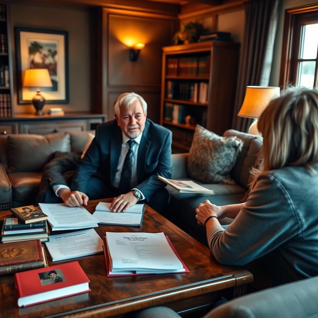 An image of Jim discussing a case with clients over a coffee table filled with documents. The warm lighting and cozy setting reflect a supportive environment. Textural details include a wooden coffee table, colorful legal books, and comfortable seating. The camera angle invites viewers into the discussion, showcasing professionalism and personal connection.