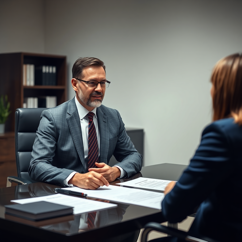 An image of Jim engaged in a one-on-one legal consultation with a client, seated at a modern office desk filled with legal documents. The lighting is soft and focused, promoting a warm and secure atmosphere. The color palette is composed of muted tones, fostering a sense of professionalism.