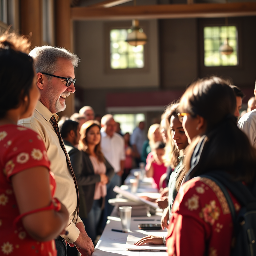 An image showcasing Jim participating in a community event, meeting with families seeking immigration advice. The atmosphere is lively and engaging, with natural daylight casting a warm glow. The image captures diverse individuals interacting, showing trust and connection between Jim and the community.