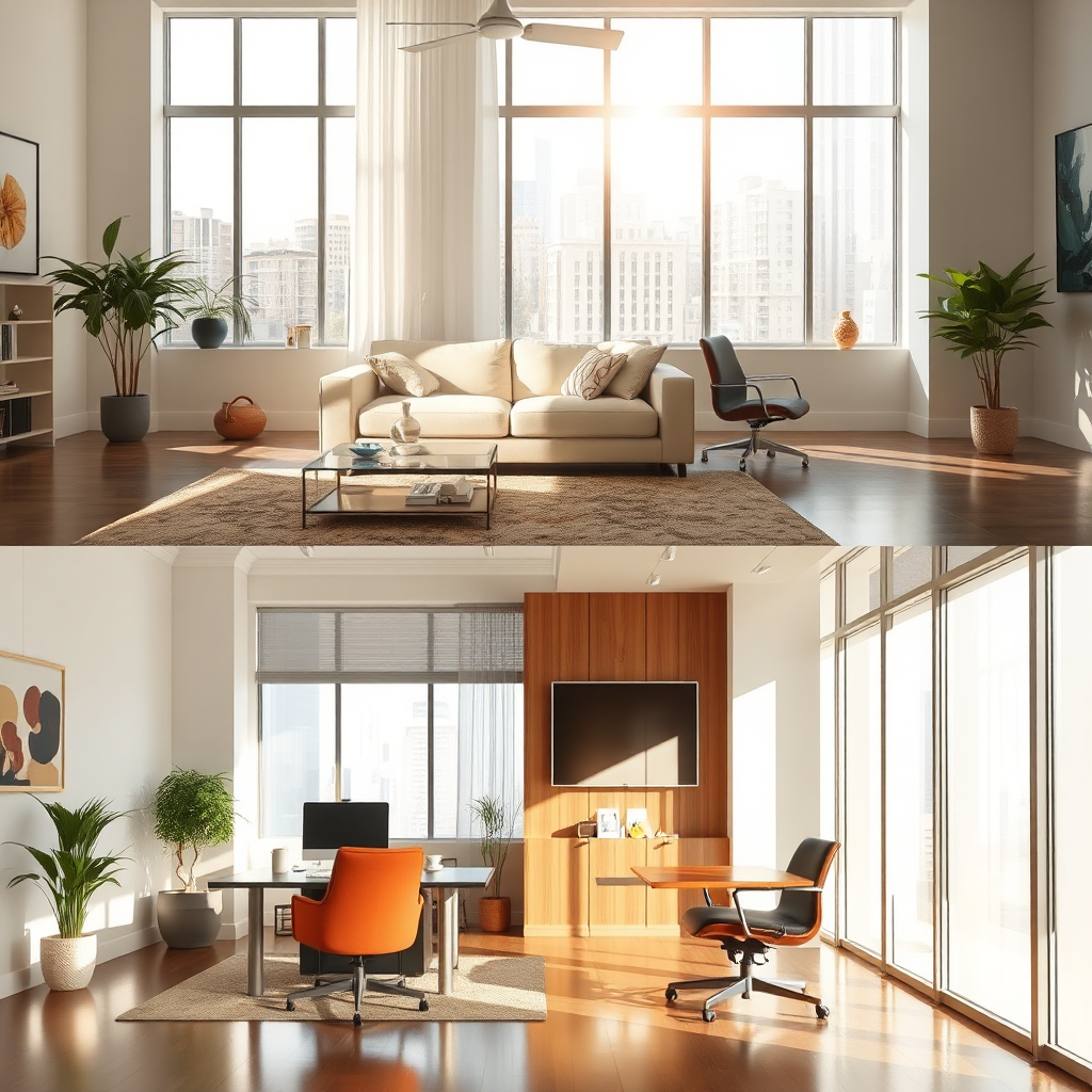 An image showcasing various spaces cleaned by Leticia, all within one frame. Half of the photo shows a spotless living room, while the other half illustrates a pristine office space. Sunlight filters through large windows, creating a warm glow. The style is bright and inviting, with textures capturing the warmth and professionalism of each environment. The image should be high quality to reflect the high standards of Leticia's services.