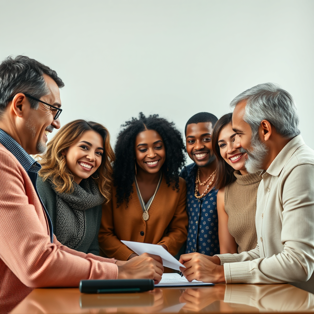 An image showing a diverse group of clients engaging with a notary, each representing different backgrounds and needs. The image should reflect inclusivity and flexibility, with warm lighting and varying expressions of satisfaction. Aim for a photorealistic approach that embodies the essence of personalized service in 4K quality.