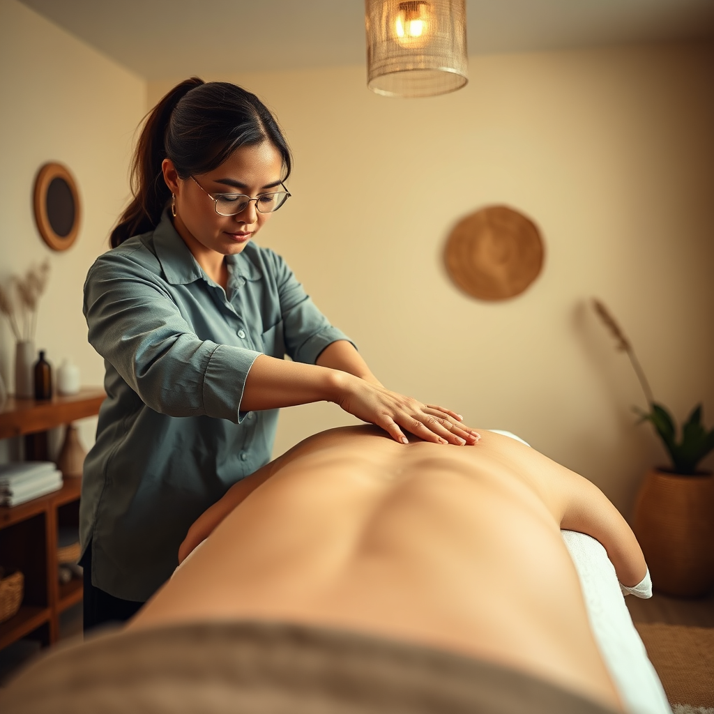 An immersive image illustrating a deep tissue massage session. The setting features a professional therapist using their forearms to apply pressure on a client's back. The room is softly illuminated with earthy tones, and relevant props like essential oils are visible. The camera angle emphasizes the intimate connection between the therapist and client, showcasing a soothing and healing environment. Technical specs: 4K resolution.