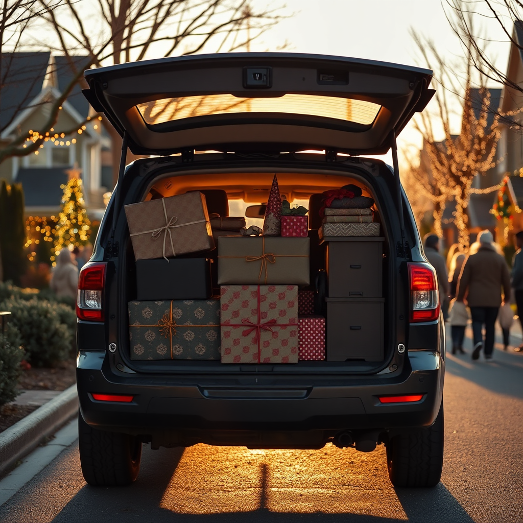 An inviting image of the back of Justin's SUV loaded with a variety of oversized gifts and furniture. The scene is set in a picturesque neighborhood adorned with holiday lights. Long shadows cast by the setting sun create a nostalgic feel, communicating warmth and comfort. This shot highlights the SUV’s capacity and showcases a happy holiday spirit among community members in the background.