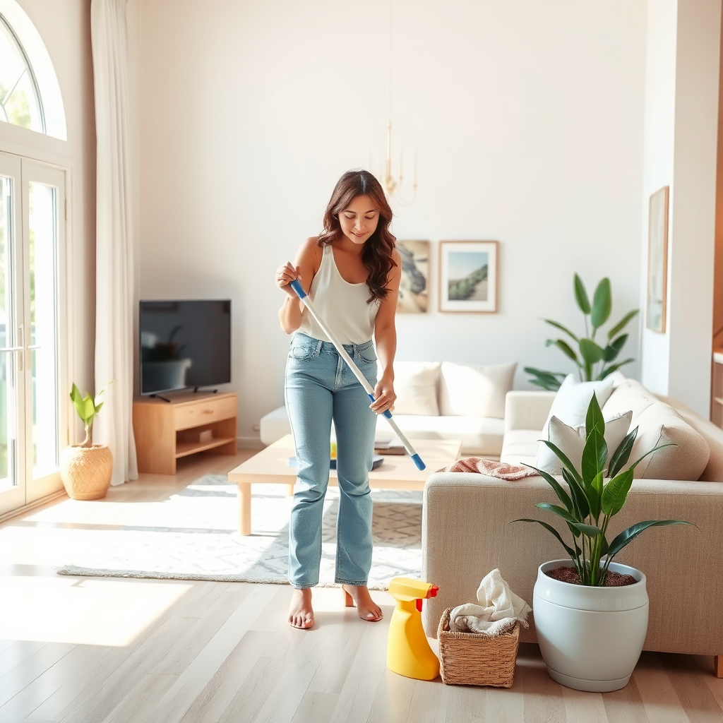 An inviting image showing Leticia cleaning a bright, open living room filled with natural light. The scene should emphasize her careful approach to tidying up, with soft colors contributing to a warm ambiance. Props like cleaning tools and decorative plants enhance the environment. The texture details highlight the shine of surfaces being cleaned, rendered in photorealistic quality.
