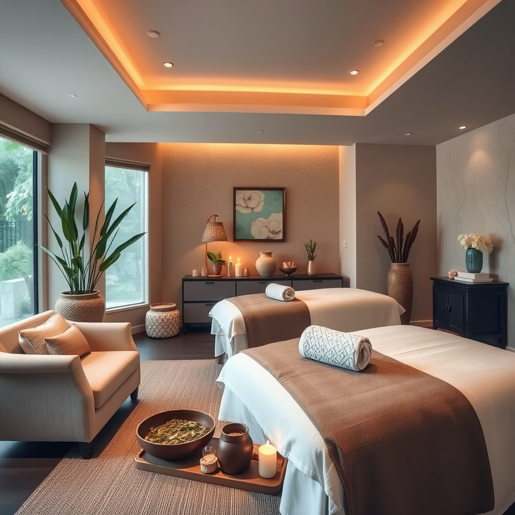 An inviting representation of the spa environment before a massage, showcasing comfortable seating, calming decor, and beautifully arranged herbal products. The room feels warm and welcoming, with soft accents and lighting that draws the eye to the massage tables. Nature sounds can be felt through the image, emphasizing relaxation and peace. Style references reflect high-quality spa environments.