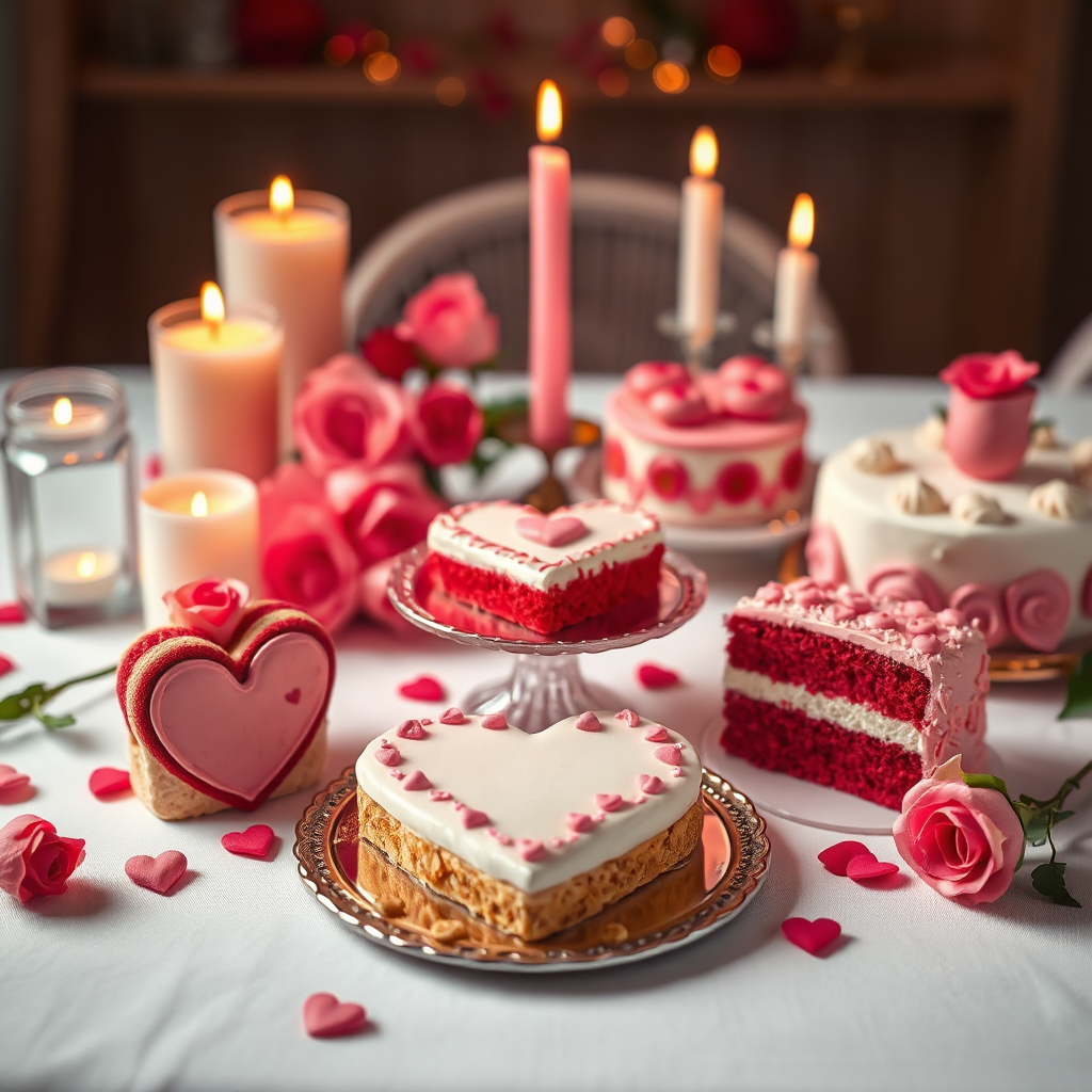 An inviting scene of a Valentine's Day setup featuring sweet treats like heart-shaped cookies and elegant cakes. The table is beautifully adorned with romantic decorations such as roses and candles, all complemented by soft, ambient lighting that casts a romantic glow. Liz's hand-decorated pastries are the star of the show, vivid in color and appealing in presentation. The image should evoke warmth and intimacy, showcasing the joy of sharing sweets with loved ones on special occasions. It's designed to be high-quality, with sharp details accentuating the décor and desserts.