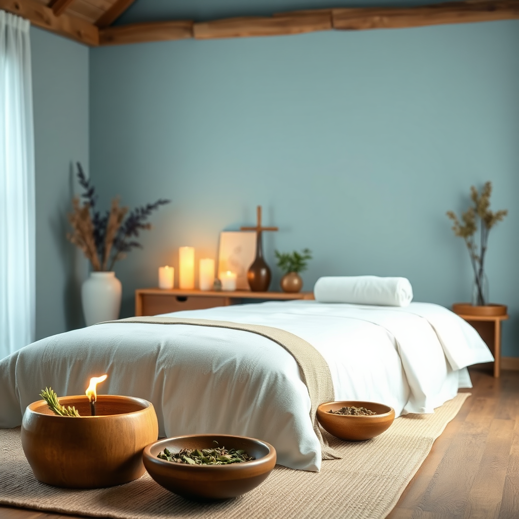 An inviting visual of a calming massage room with incense burning, soft linens, and herbal decor that reflects the essence of balance and tranquility. The colors reflect a balance between calming blues and gentle earth tones. The focus is on the atmosphere that promotes restorative healing, and small bowls of herbs are tastefully scattered around the room to enhance the natural vibe. Style references align with zen-inspired aesthetics.