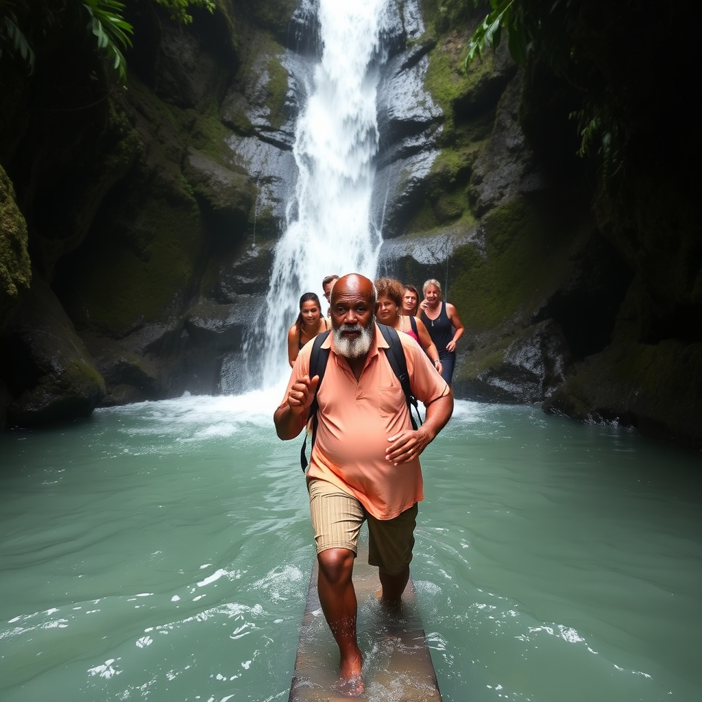 Illustrate a vibrant scene featuring a tour guide pointing out attractions to a group of tourists at the stunning Negril Cliffs. The composition should showcase the picturesque views of the cliffs and horizon, emphasizing the engaging interaction between the guide and the group. Bright, cheerful colors should evoke a sense of adventure and curiosity, with a photorealistic quality that perfectly captures the essence of guided tours.