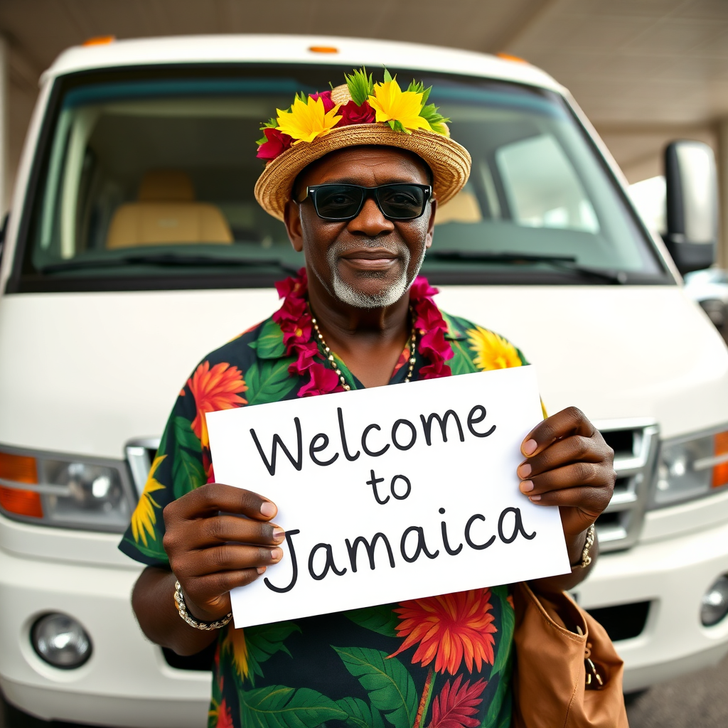 Design an inviting scene portraying a modern vehicle waiting at the airport terminal, with a friendly driver holding a sign with the guest's name. The busy airport environment should be visible in the background, showcasing the smooth transfer process. Warm sunlight should enhance the scene, creating a welcoming atmosphere. This photorealistic image should emphasize comfort and reliability while highlighting the high-quality service.