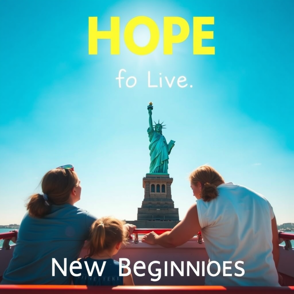 An uplifting image showing a family gazing at the Statue of Liberty from a boat. The lighting is bright and hopeful, with a clear blue sky above. The color palette consists of vibrant blues and greens, symbolizing hope and new beginnings. The camera angle captures both the family’s expressions and the iconic monument, representing aspirations.
