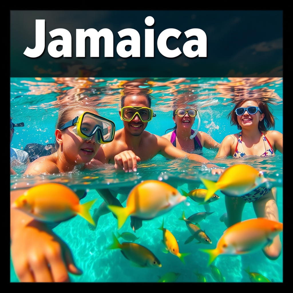 Capture a dynamic scene featuring a range of activities available in Jamaica, such as snorkeling, hiking, and beach lounging. Include President Clive engaging with tourists during an exciting snorkeling excursion amidst colorful fish in clear waters. The image should convey a sense of exhilaration and adventure, with bright colors representing the vibrant marine life, highlighting the thrill of exploration.