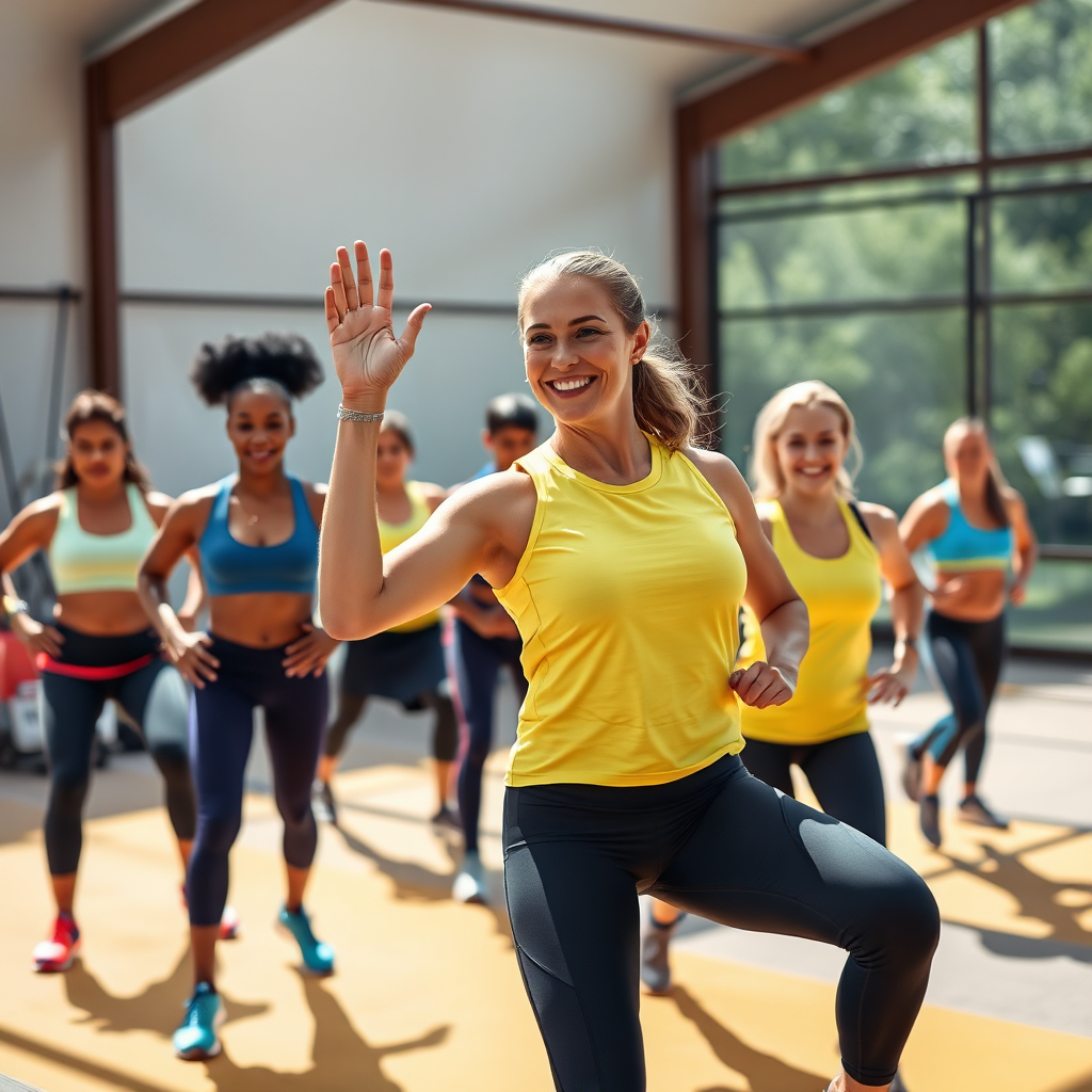 Capture a vibrant group training class in action, showcasing different fitness levels and equipment outdoors or in a lively gym setting. Use natural light to emphasize participation and energy levels, with a color palette of bright yellows and blues symbolizing cheerfulness. A diverse group with visible determination and joy, shot from a mid-range angle to include the instructor's leadership. The image should be strikingly photorealistic, conveying a sense of community spirit.
