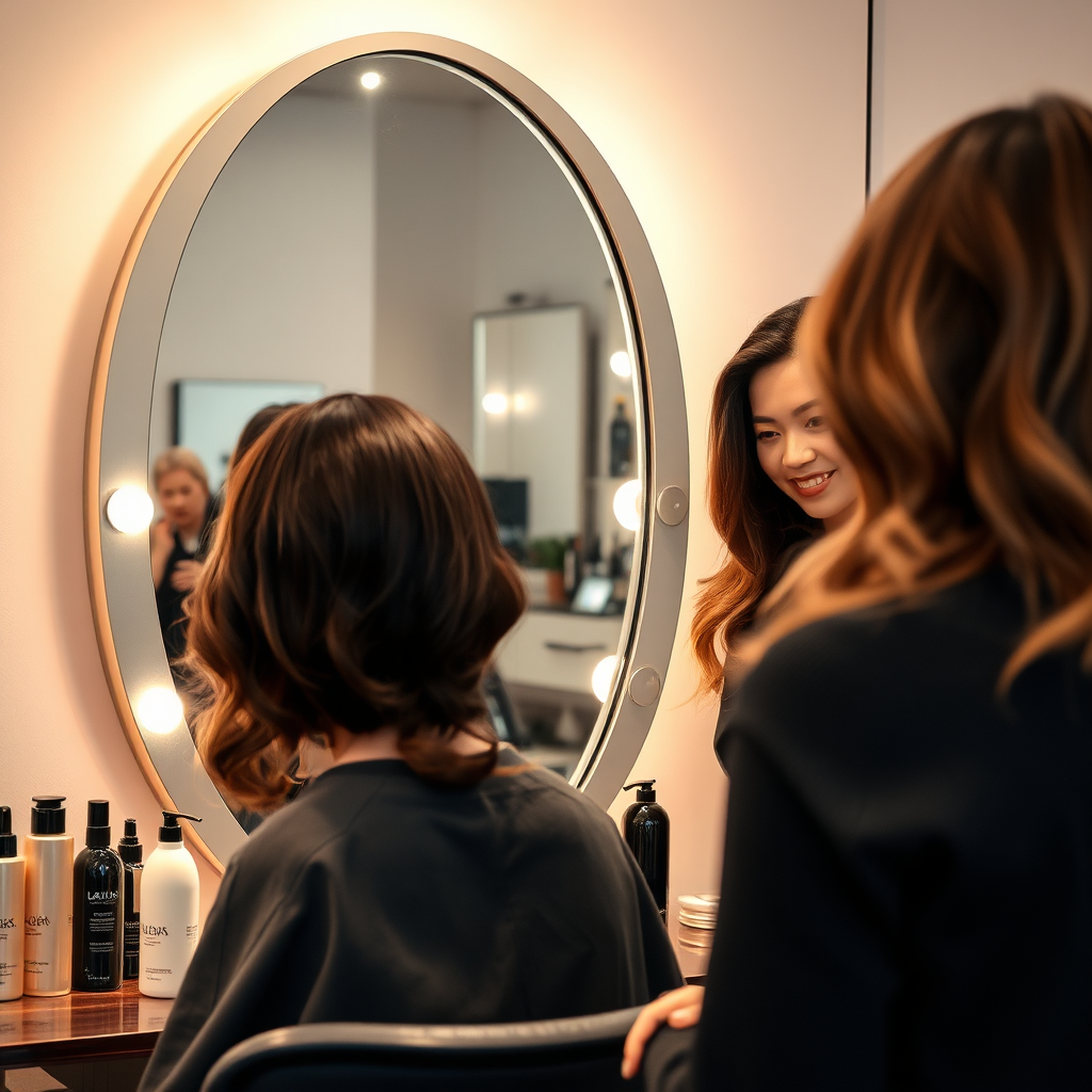 Capture an inspiring moment of a client admiring their new hairstyle in the salon mirror, reflecting joy and satisfaction. The image should show Jennifer standing nearby with pride. Use a warm color palette with soft lighting to create an inviting vibe. The mirror should capture the salon's chic design and reflect hair products artistically placed around. This image should also be in hyperrealistic quality, showcasing the true beauty of the moment.