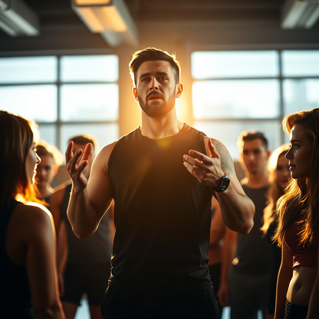 Conjure a motivational scene where Derek is addressing a group of enthusiastic clients, emphasizing fitness commitment. Use backlighting to create a powerful halo effect around him, incorporating golden hues for warmth. A medium shot focuses on his expressive gestures while clients listen keenly, with sweat glistening to symbolize effort. The image must be hyperrealistic and invigorating, calling forth inspiration and change.