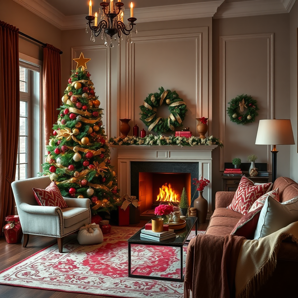 Craft a stunning image of an elegantly decorated living room showcasing Chrissie’s decorating flair. Include details like a beautifully adorned Christmas tree, tasteful ornaments throughout the room, and a warm fire in the fireplace, creating a cozy atmosphere. The color palette should focus on deep reds, greens, and golds, enhancing a luxurious holiday feel. A high-quality, high-resolution (4K) image will bring out every detail and texture beautifully.