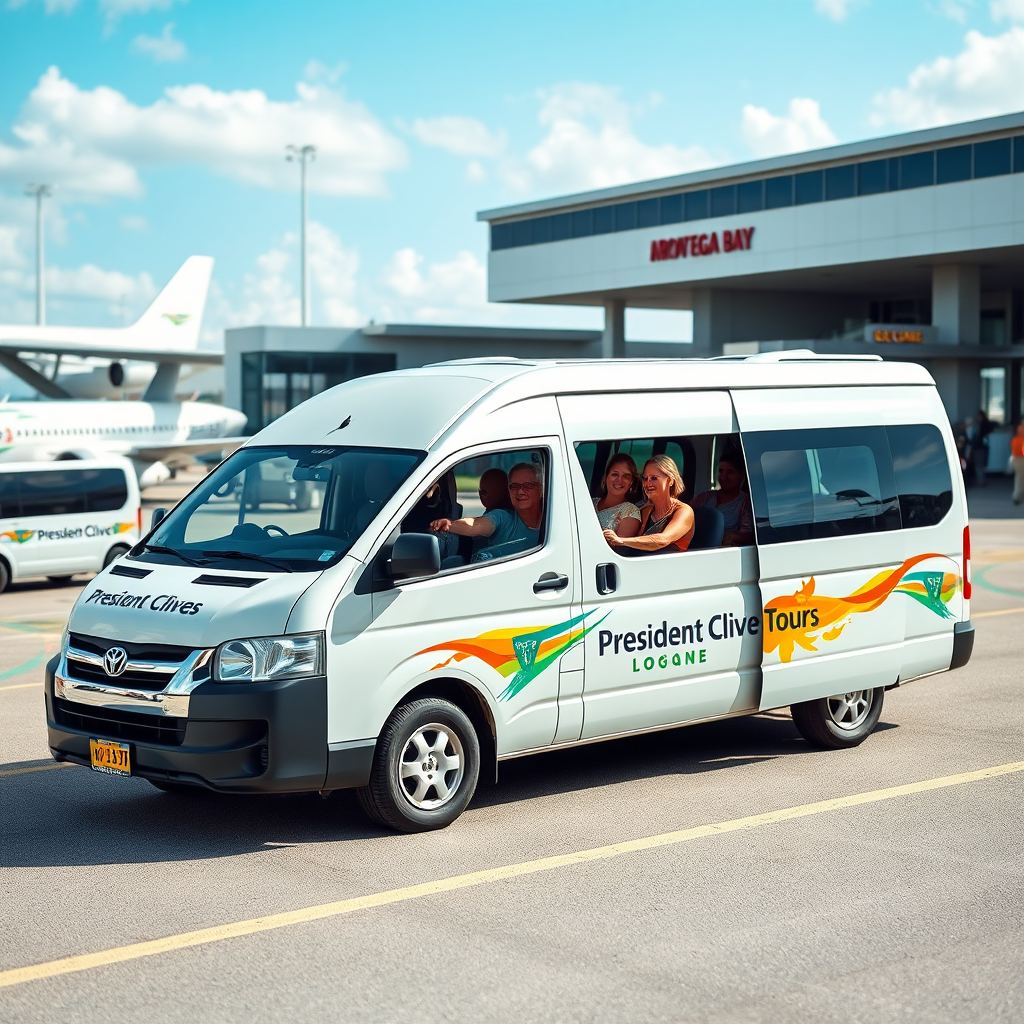Craft an image showing a modern, well-maintained van with 'President Clive Tours' signage parked at the airport, ready for arrivals. Capture the essence of safety and reliability with tourists happily boarding. The background should show Montego Bay's airport facilities, and the overall mood should convey a smooth transition from airport to adventure, complemented by a bright, welcoming atmosphere.