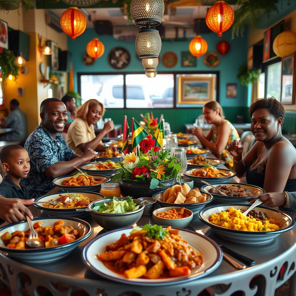 Create a delightful image of a table filled with beautifully presented Jamaican dishes at a local restaurant. The setting should be lively, with colorful decor and happy diners enjoying their meal. The focus should be on the vibrant colors of the dishes and the enjoyment displayed on the guests' faces. Capture this vibrant atmosphere in a photorealistic style that draws attention to the culinary adventure.