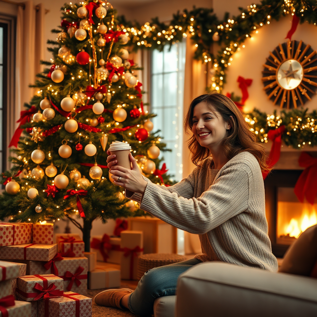 Create a photorealistic header image showcasing a warm and inviting Christmas scene, with Chrissie, a cheerful woman in her 30s, joyfully organizing holiday decorations in a beautifully decorated living room. The composition should include a Christmas tree adorned with twinkling lights, wrapped gifts under the tree, and festive garlands draped around the room. Soft, golden lighting enhances the cozy atmosphere, with reds, greens, and golds dominating the color palette. Use a slightly elevated angle to capture the full charm of the scene, emphasizing texture details like the fabric of the holiday decorations and the shimmer of ornaments. This hyper-realistic image should be in 8K resolution, evoking the spirit of Christmas and personal organization.