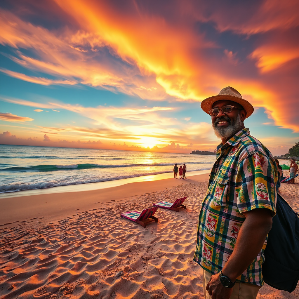 Create a photorealistic hero image for 'Willie's Tours' showcasing a vibrant scene of Negril, Jamaica. The image should feature a breathtaking view of the Seven Mile Beach at sunset, with soft waves lapping at the shore and colorful beach towels scattered across warm sand. In the foreground, include a friendly tour guide, Willie, welcoming cheerful tourists. The sky should be a stunning gradient of orange, pink, and purple, casting a warm glow over the scene. Use a high-angle view to capture the beach's width and the inviting Caribbean sea. The image should be rendered in 8K resolution with hyper realism, ensuring texture details are crisp, from the shimmer on the water to the sand's granules.