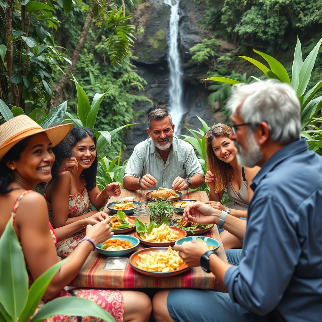 Create a scene showing a diverse group of tourists enjoying a picnic after a scenic tour at Benta Falls. Focus on the joy of sharing delicious local food amidst nature, with vibrant plant life surrounding them. Clive can be prominently featured, providing local insights, turning a usual meal into an enriching cultural experience. Emphasize the lush, colorful environment and the sense of community.