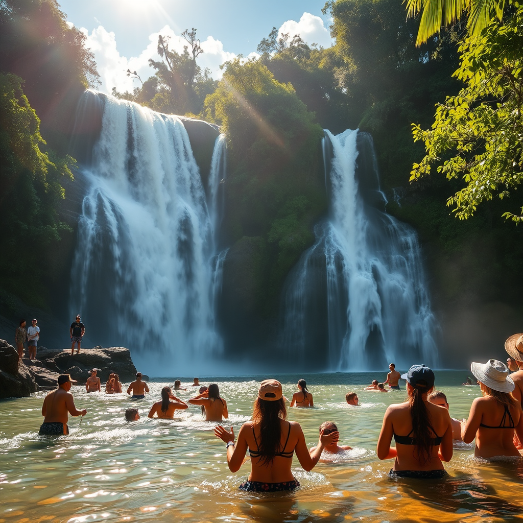 An inviting image of a vibrant Negril landscape dotted with tour highlights—local restaurants, waterfalls, and cultural landmarks. The image should radiate warmth, depicting cheerful tourists embarking on guided tours with local guides. A beautiful sunset completes this illustrative adventure landscape.