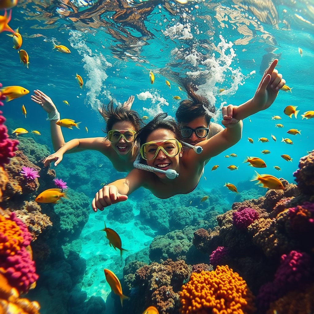 Create an action-packed image of tourists snorkeling amidst colorful coral reefs in Negril. The scene should display a vibrant underwater world filled with tropical fish and corals illuminated by sunlight. The angle should capture the tourists' expressions of awe and excitement. The image must be photorealistic with vivid colors and great attention to underwater textures, aimed at inspiring adventure, and rendered in high quality.