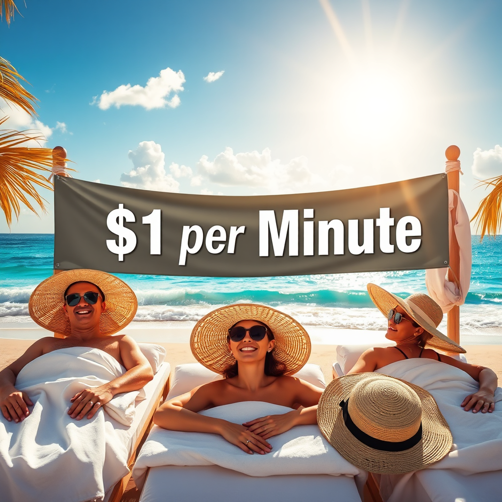 Create an engaging image that illustrates the concept of affordable luxury. Depict a banner reading '$1 per Minute' with a beautiful beach backdrop. Include smiling clients in the foreground enjoying their massages, while luxurious flowing fabrics and sun hats are artistically arranged around the frame. Sun rays should create a golden glow, enhancing the sense of luxury in a relaxed, beachside atmosphere. This high-definition image should communicate comfort, relaxation, and exceptional value.