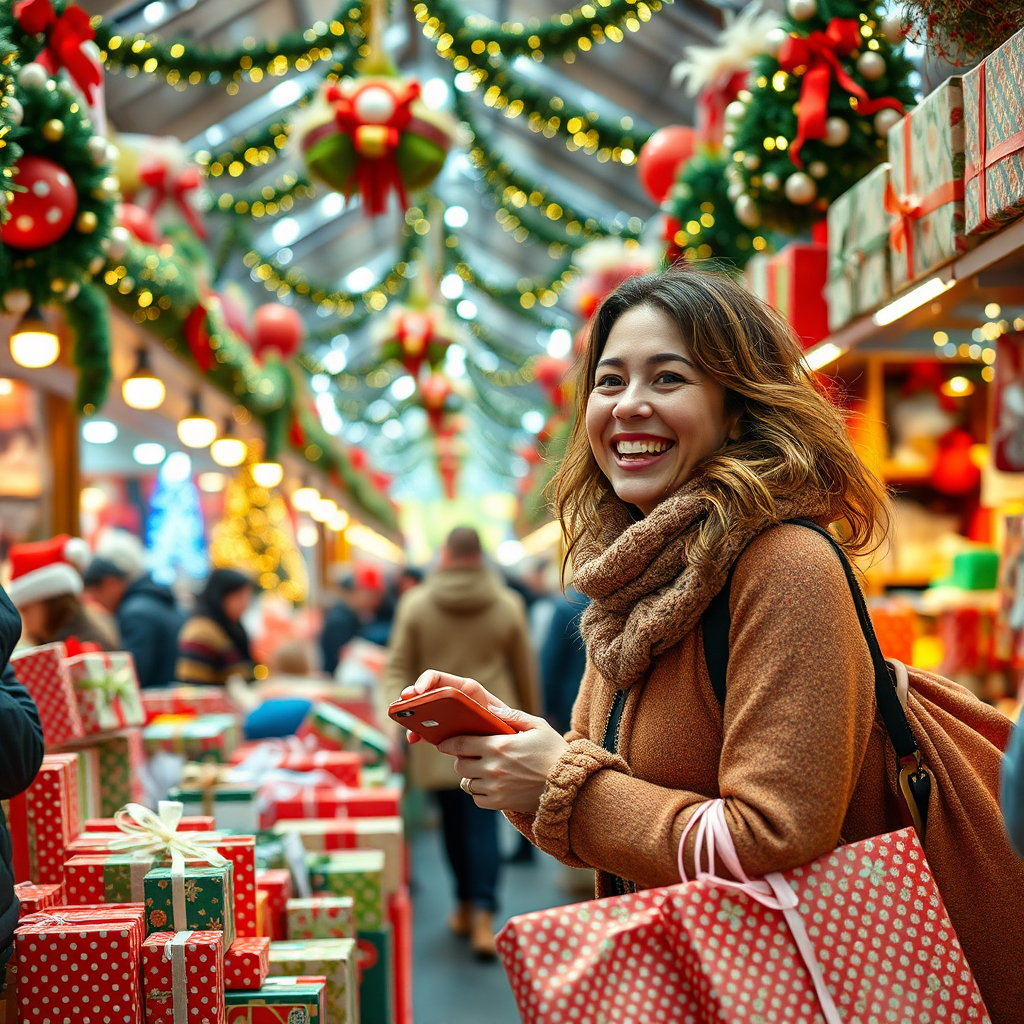 Create an engaging scene depicting Chrissie joyfully shopping in a bustling holiday market, surrounded by a variety of festive gifts, colorful wrapping paper, and busy shoppers. The atmosphere should be lively, filled with bright lights and decorations that evoke the essence of the holiday season. Use a dynamic angle to capture the excitement, showcasing Chrissie's cheerful demeanor. The final image should be in 4K resolution and emphasize the texture of the gifts and the festive ambiance.