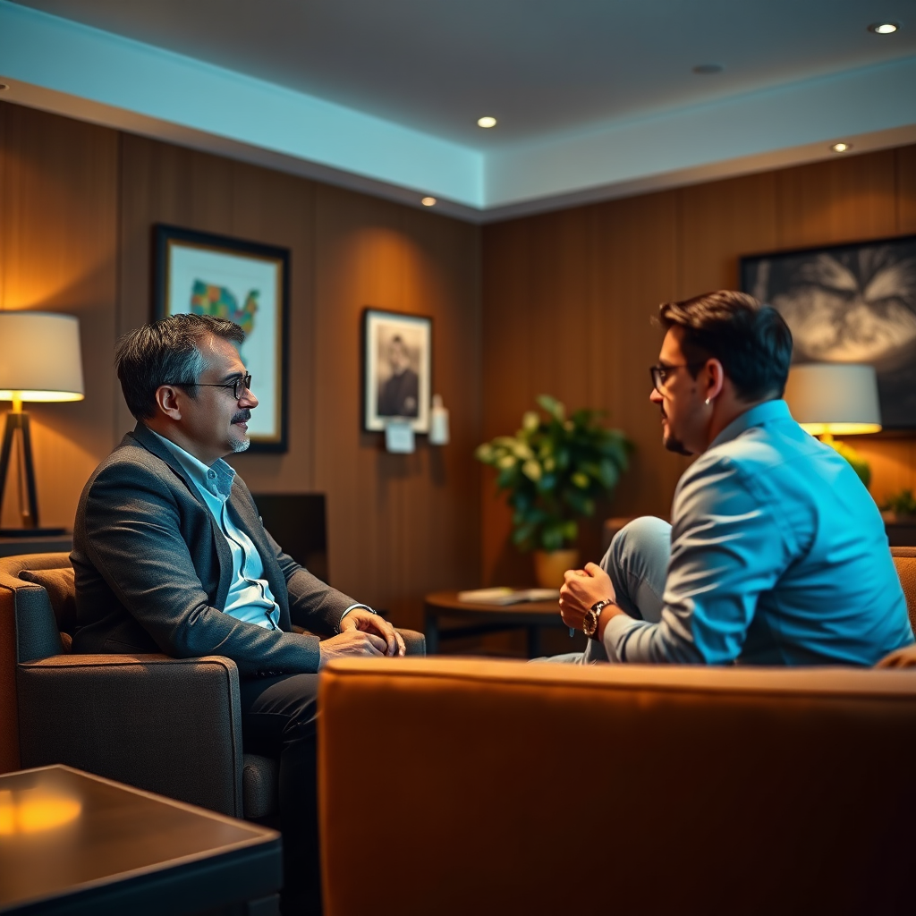Create an image of a personal coaching session in a comfortable office, where Anthony is providing one-on-one coaching to an executive. The setting should be intimate, with warm lighting and a relaxed atmosphere, featuring rich textures like hardwood and plush furniture. The color palette should evoke professionalism and trust. Capture this moment in high-quality 4K resolution.