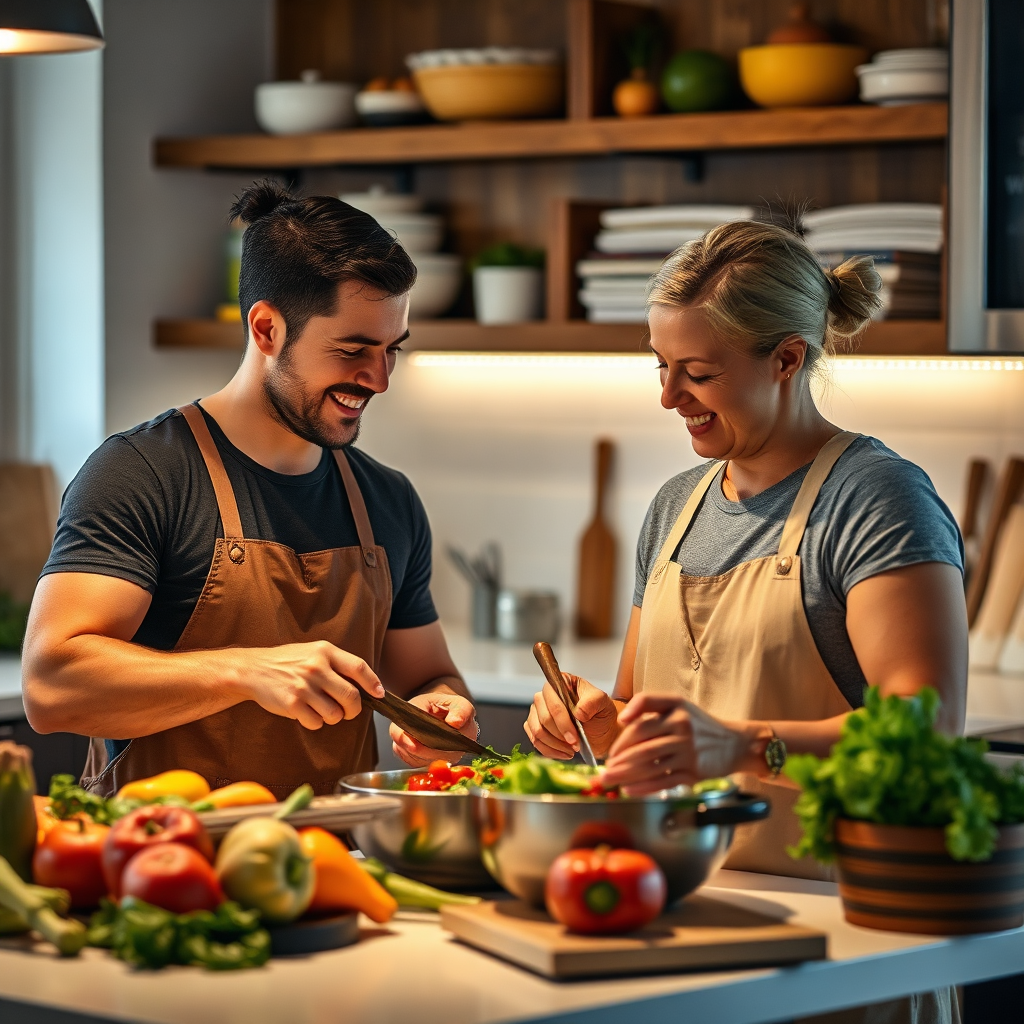 Create an inviting image of Derek and a client cooking a healthy meal together, symbolizing fitness as a lifestyle. Soft, warm kitchen lighting with earthy tones creates a homey feel, while fresh vegetables and cookbooks populate the background. A candid shot focusing on their engaged interactions will reflect the joy in maintaining health. The image should be photorealistic and evoke feelings of warmth and connection.