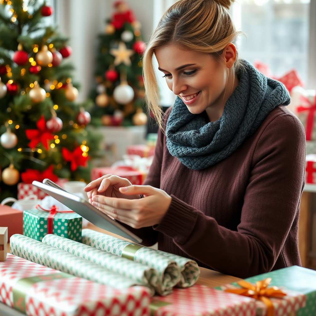 Creating a photorealistic image showing Chrissie scheduling and planning Christmas activities on a tablet while surrounded by decorations and gift-wrapping supplies. The scene should be bright and organized, reflecting efficiency and holiday spirit with a backdrop of festive items. Use a close-up angle to focus on Chrissie's concentrated expression while capturing the vibrant colors of Christmas ornaments and decorations around her. Ensure the resolution is 4K, highlighting details like the tablet screen and the textures in the wrapping paper.