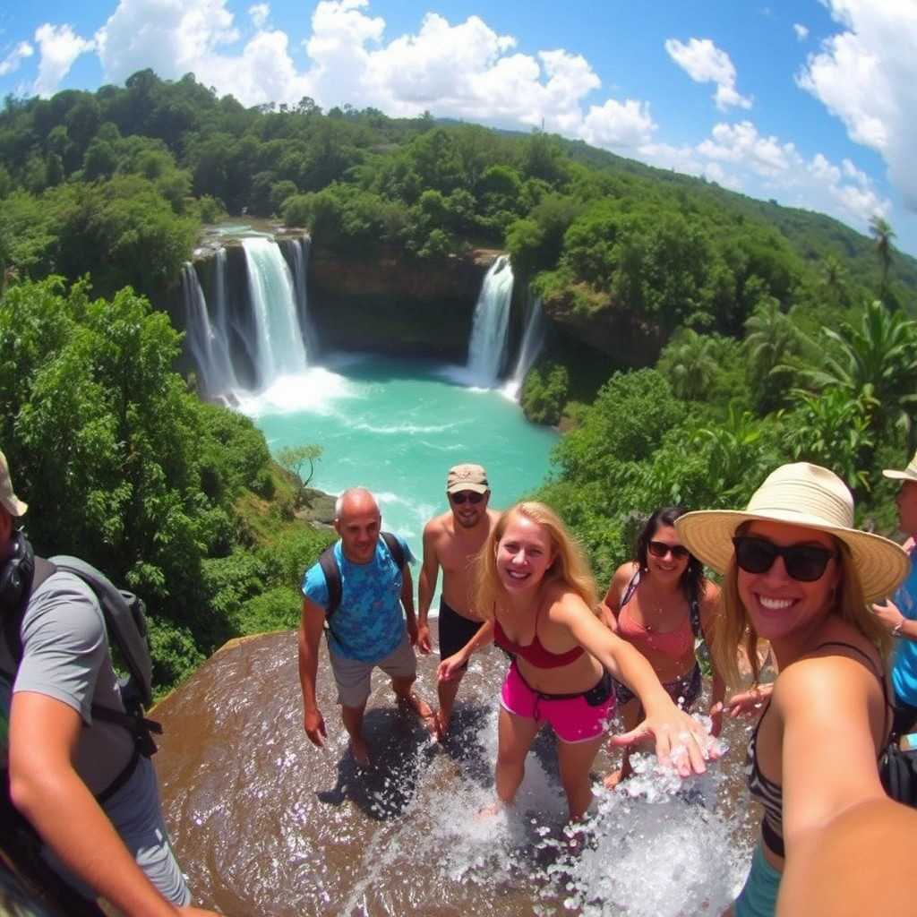 Depict a breathtaking landscape captured during a tour to Dunn's River Falls. Imagine tourists climbing the falls with joy, surrounded by lush greenery. President Clive could be visible guiding them, emphasizing safety and fun. Use vivid colors to depict the turquoise water splashes and sun-kissed faces, highlighting the excitement and beauty of the experience.
