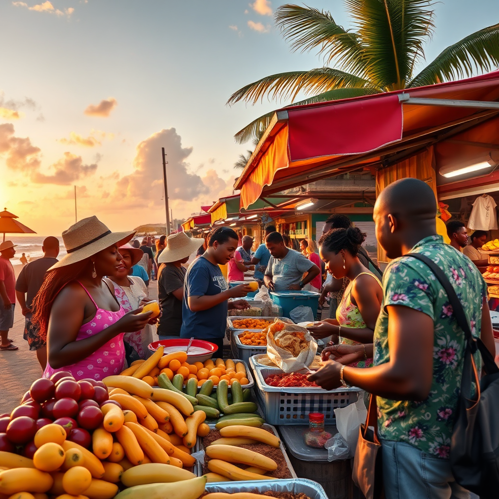 Depict a lively scene of an outdoor food market showcasing colorful fruits and street food vendors in Negril. Tourists should be seen sampling local dishes and interacting with friendly vendors. The vibrant colors of the fruits and ambiance should reflect the island's culinary diversity. The timing of the shot should capture the golden hour for a warm and inviting tone, rendered in photorealistic quality to emphasize the culinary experience.