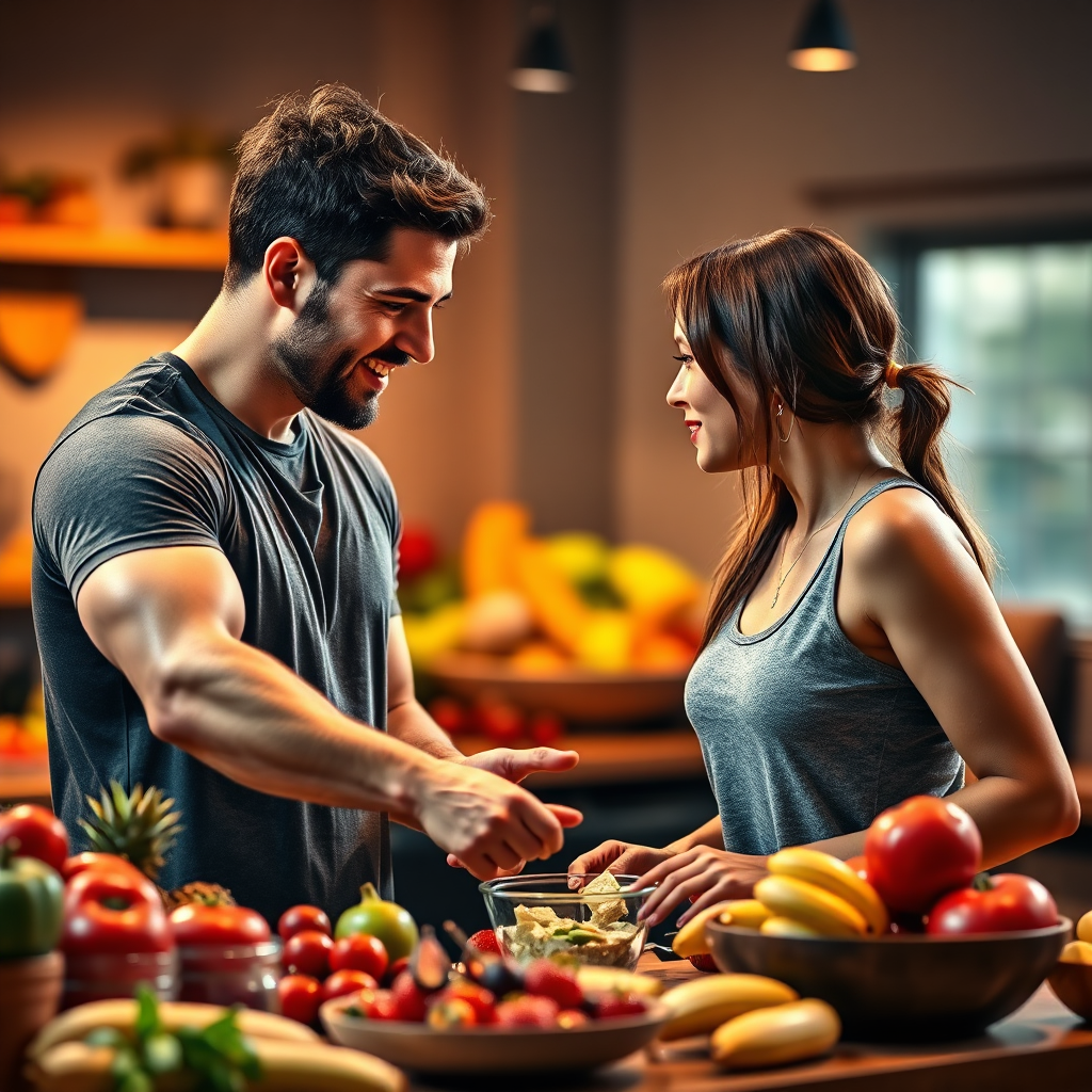 Depict a visually appealing scene of Derek providing nutrition guidance, with colorful fruits and meal preparation elements around him. The lighting should be warm and inviting, creating an atmosphere of health and wellness. A medium shot emphasizing Derek's engagement with a client will enhance the interaction's personal nature. The image must be photorealistic and high-quality, showcasing the importance of nutrition in fitness.