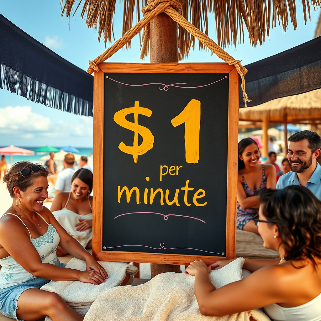 Depict an enticing scene showcasing a chalkboard or banner displaying '$1 per minute' in a vibrant beach area. Surround this focal point with customers enjoying massages, smiling and engaging with staff, emphasizing great service and affordability. Utilize warm tones to attract attention while keeping happiness evident through facial expressions and the joyful beach setting. This image must be in high definition to highlight service quality and a friendly atmosphere.