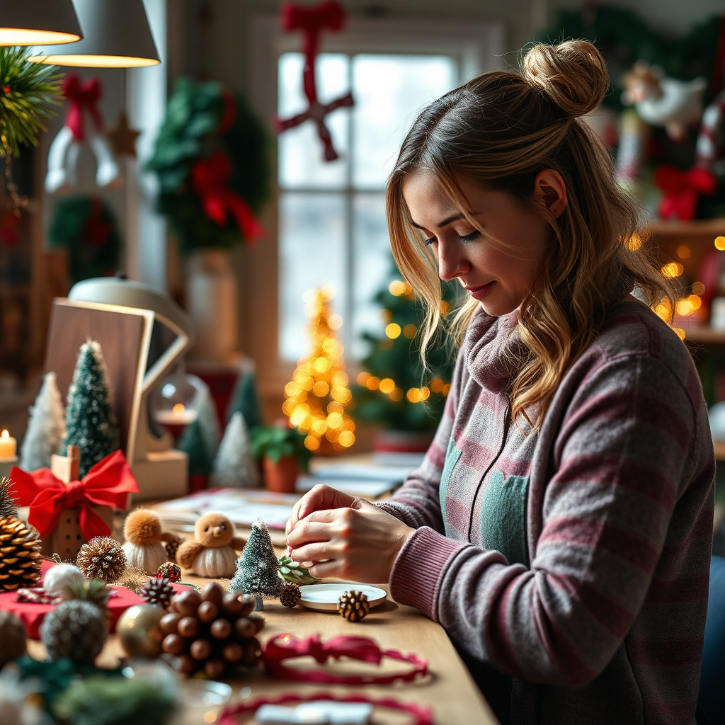 Design a detailed scene that highlights Chrissie crafting personalized decorations, such as custom ornaments and unique wreaths. The image should spotlight her creativity in a well-lit workspace filled with crafting materials and holiday decorations. Focus on moderate depth with a slight blur in the background to emphasize Chrissie's careful handiwork. This must be a high-quality image in 4K resolution, showcasing the textures and colors of the festive crafts.