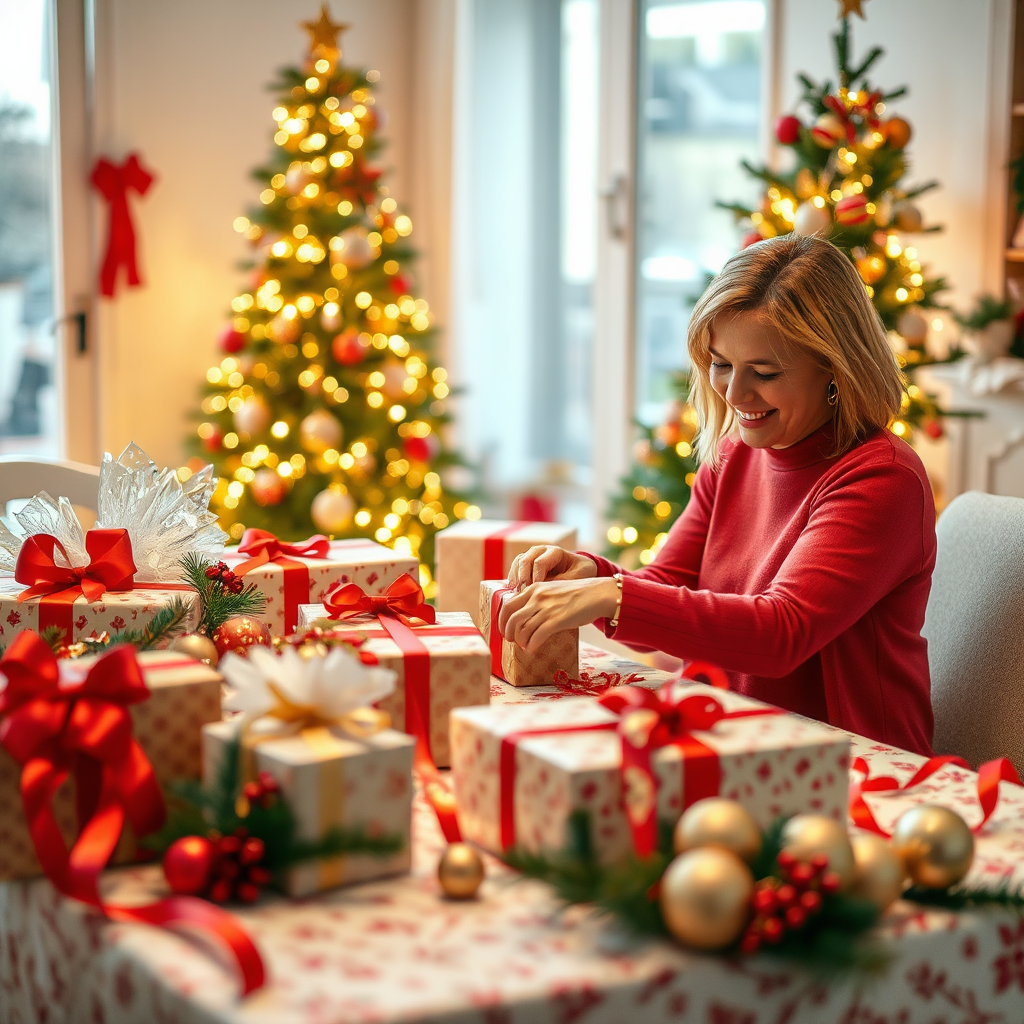Design a high-quality, photorealistic image that reflects the essence of Chrissie's services. The scene should show Chrissie joyfully wrapping gifts at a beautifully decorated table surrounded by ribbons, wrapping paper, and holiday ornaments. Warm lighting creates a cozy ambiance, with soft, inviting colors like red and gold. The composition should include elements of holiday cheer, like a freshly decorated Christmas tree in the background. Ensure details like the texture of the wrapping paper and the sparkle of ornaments are evident. The image should be in 4K resolution, capturing the delightful spirit of the Christmas season and personal organization.