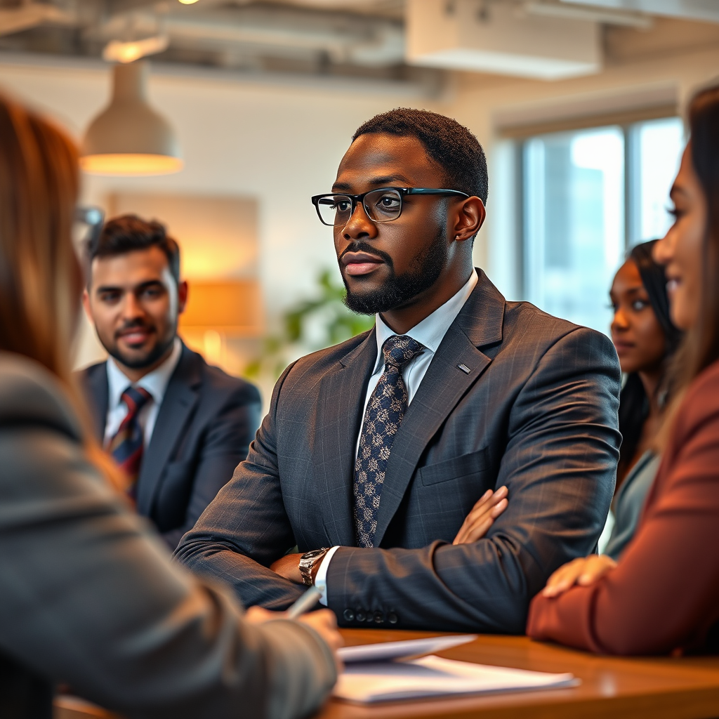 Design a stylized image that reflects the journey of Anthony Green as an African American male with extensive corporate experience. The composition should feature him engaged in a coaching session, with a diverse group of professionals listening attentively. The setting should have a bright, inviting workspace with warm lighting and a mixture of modern and classic decor. The color palette should be rich, emphasizing confidence and partnership. Capture the image in 4K resolution, ensuring high-quality details that convey the essence of mentoring and growth.