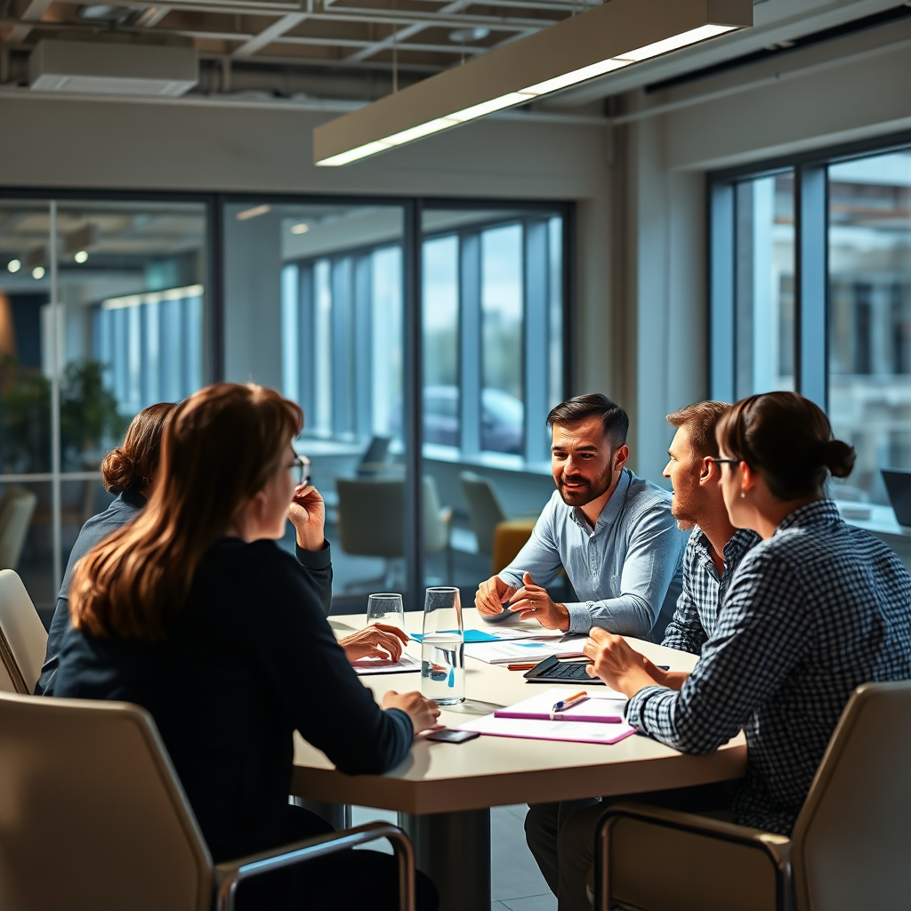 Design an image depicting a collaborative meeting with small business owners discussing strategies with Anthony leading the session. Use bright, engaging lighting to enhance the collaborative spirit. The environment should feel modern and open, fostering creativity and interaction, depicted in 8K resolution for high clarity.