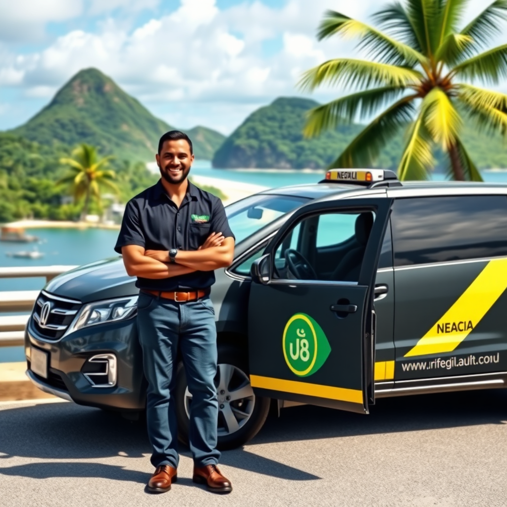 Design an image illustrating a professional driver standing next to a clean, branded vehicle outside a scenic backdrop of Negril. The driver should appear friendly and trustworthy, while the vibrant landscape emphasizes the beauty of Jamaica. The image should be photorealistic, with the focus on the driver and the vehicle, illustrating safety and professionalism in high quality.