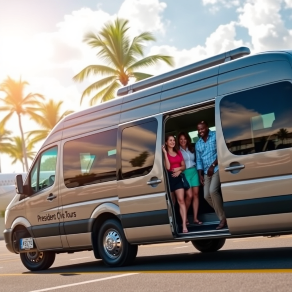 Design an inviting image featuring a modern van marked with 'President Clive Tours' at Montego Bay Airport, with tourists happily boarding. The background should include palm trees swaying in the breeze and sunny skies. Convey an atmosphere of excitement as they embark on their tour adventure, emphasizing comfort and professionalism.