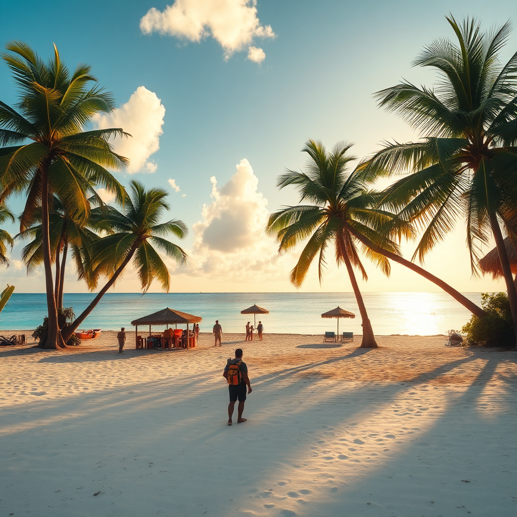 Envision a captivating image showcasing a hidden beach in Negril, surrounded by lush palm trees and tranquil waters. The composition should highlight a small group of explorers setting foot on the soft sand, with colorful beach umbrellas and local crafts in the background. Golden sunlight should cast a warm tone across the scene, enhancing the tropical vibe. This image should be photorealistic and vibrant, designed to reflect the excitement of discovering lesser-known locations in 4K quality.